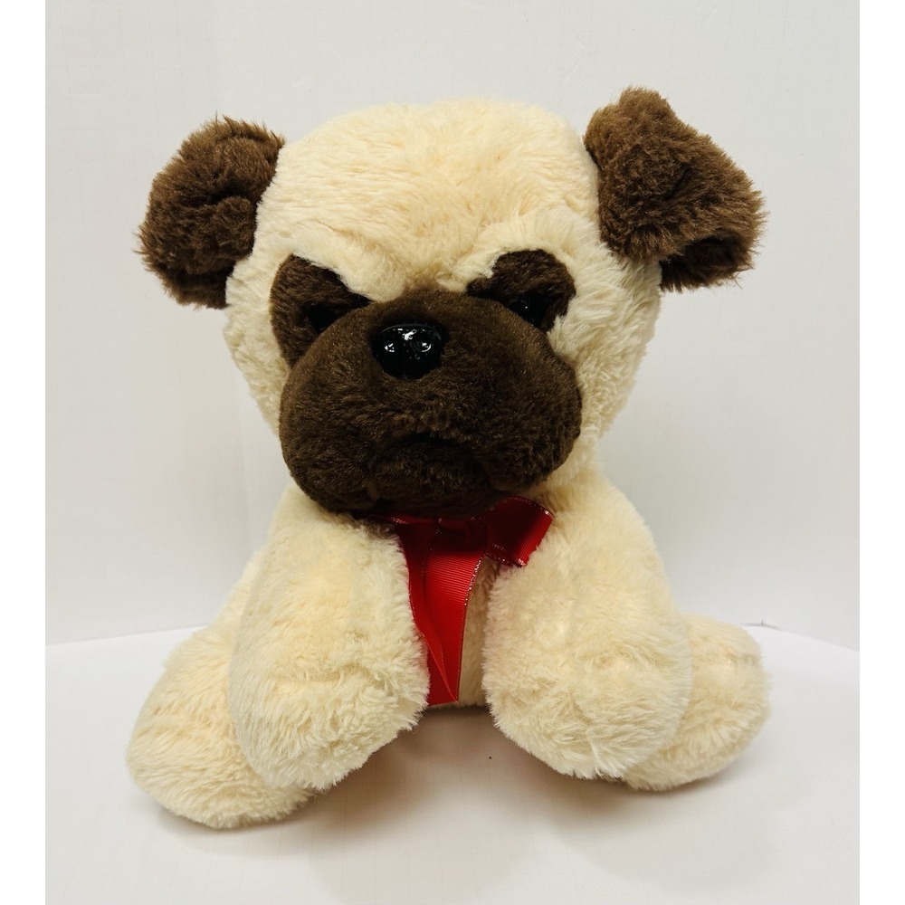 Walgreens Hug Me Pug Dog Valentines Stuffed Plush Cream Brown Red Ribbon 11"